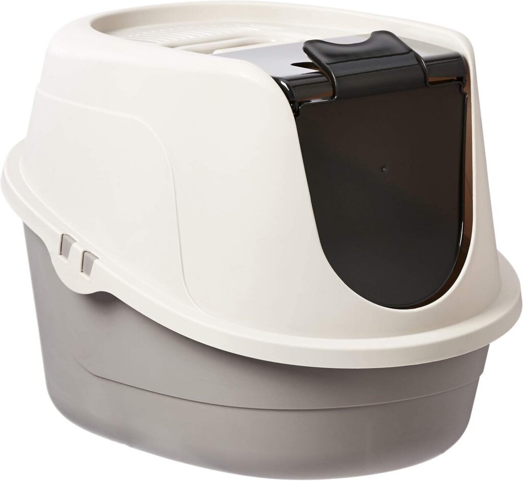 Fully enclosed hooded cat litter box with carbon filter for maximum odor control.