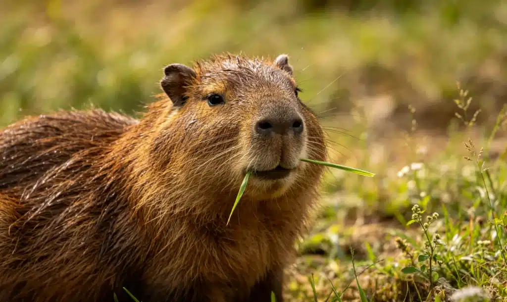 Alt text: Realistic capybara as a pet relaxing with grass in mouth, calm zen temperament