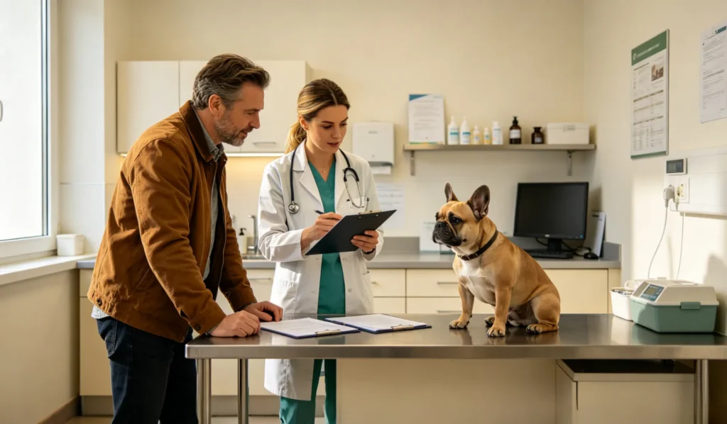 Happy French Bulldog safe from health risks playing with owner