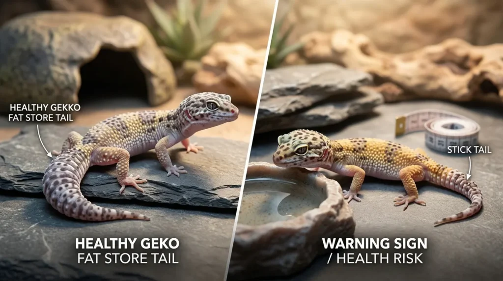 leopard gecko tail thinning healthy vs skinny tail comparison