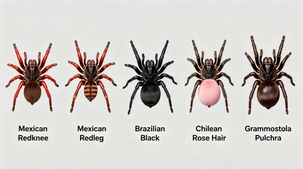 best beginner tarantula by location Mexican Redknee Redleg Brazilian Black Chilean Rose Hair Grammostola Pulchra wide collage