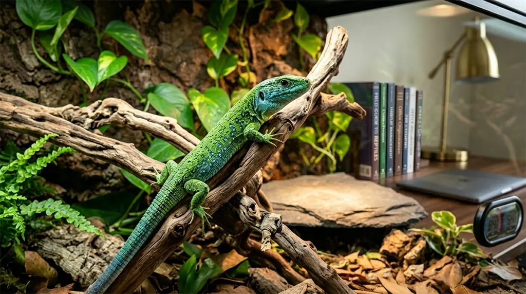 An alert Jeweled Lacerta in a secure, quiet home office environment, emphasizing the importance of keeping reptile enclosures away from household chemical irritants.