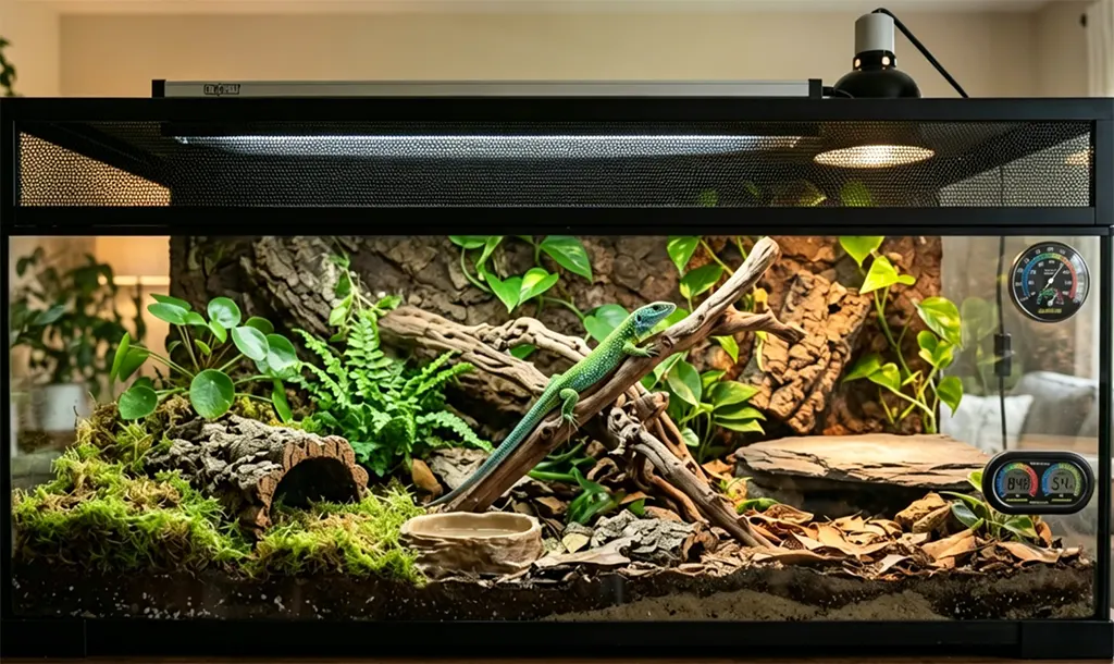 A professional reptile enclosure setup optimized for Jeweled Lacerta, featuring precise climate control equipment and a moisture-retaining hide in a clean, modern home setting.