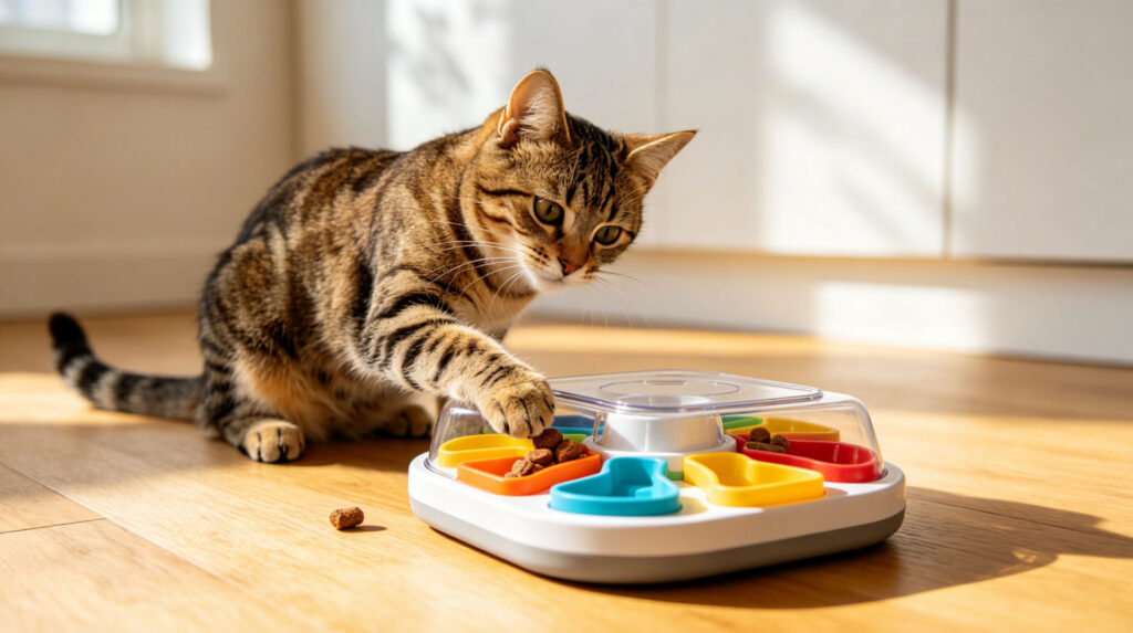 A tabby cat using an interactive puzzle feeder, a top vet-recommended tip for busy professionals.
