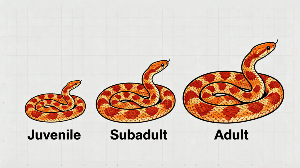 Corn snake juvenile subadult adult full size comparison chart for new pet owners
