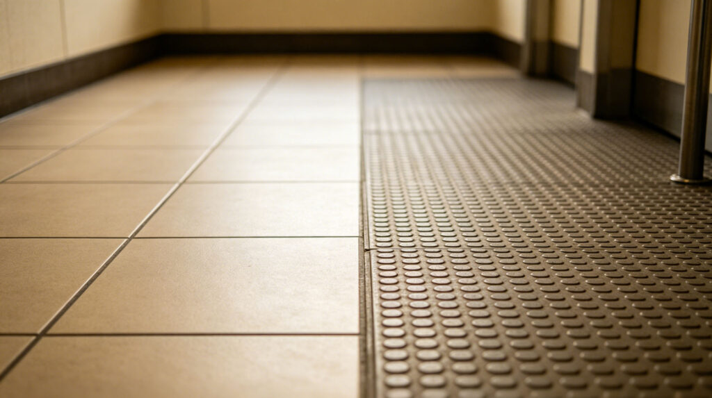 A comparison of slippery wooden floors and pet-safe non-slip rubber mats.