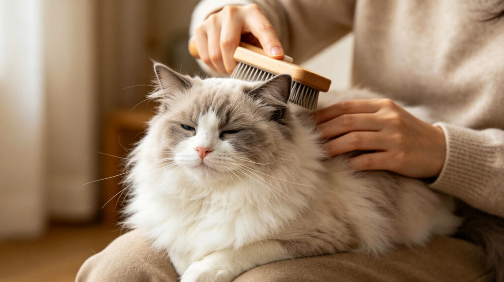 Grooming a long-haired Ragdoll cat with a brush to prevent mats and shedding.