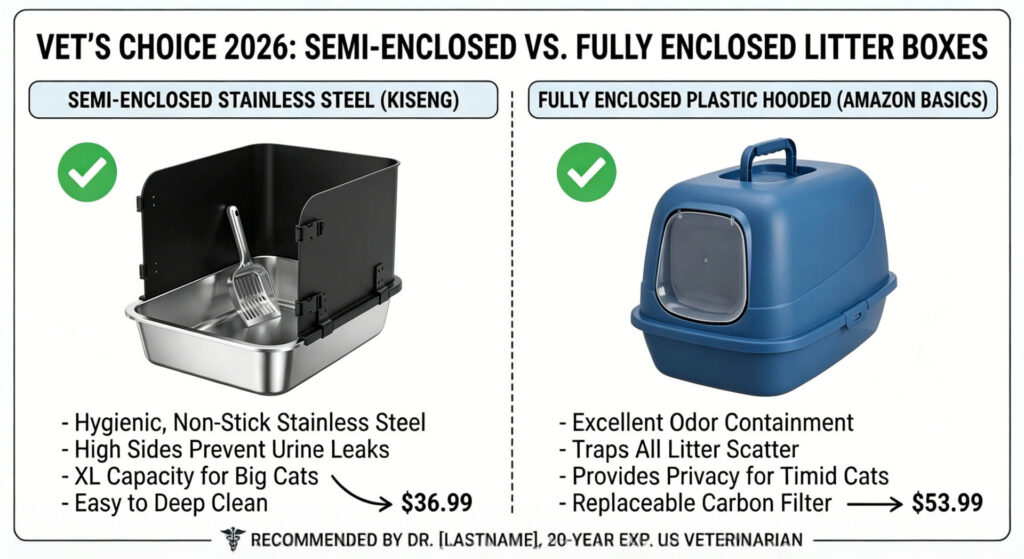 Comparative chart of Semi-Enclosed Stainless Steel vs Fully Enclosed Hooded Litter Boxes for cats, recommended by a veterinarian.