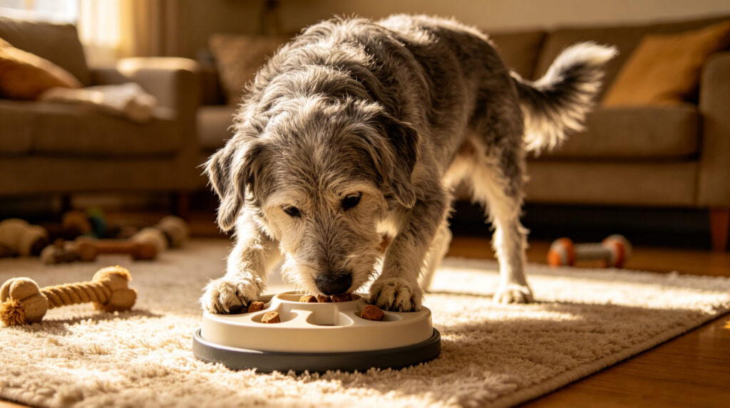 A senior dog eating specialized high-protein food from an elevated bowl.