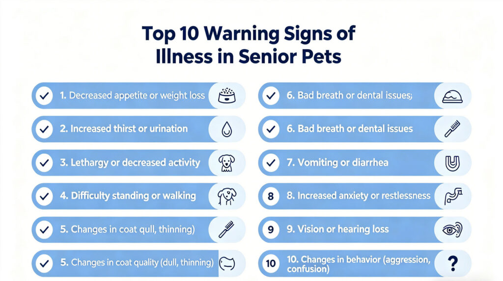 Infographic listing 10 critical warning signs of illness in senior dogs and cats, including appetite and behavior changes.