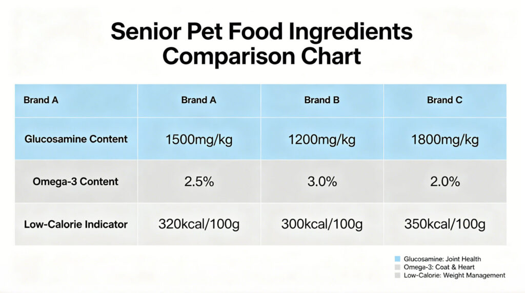 Comparison chart of glucosamine and omega-3 content in three different senior pet food brands.