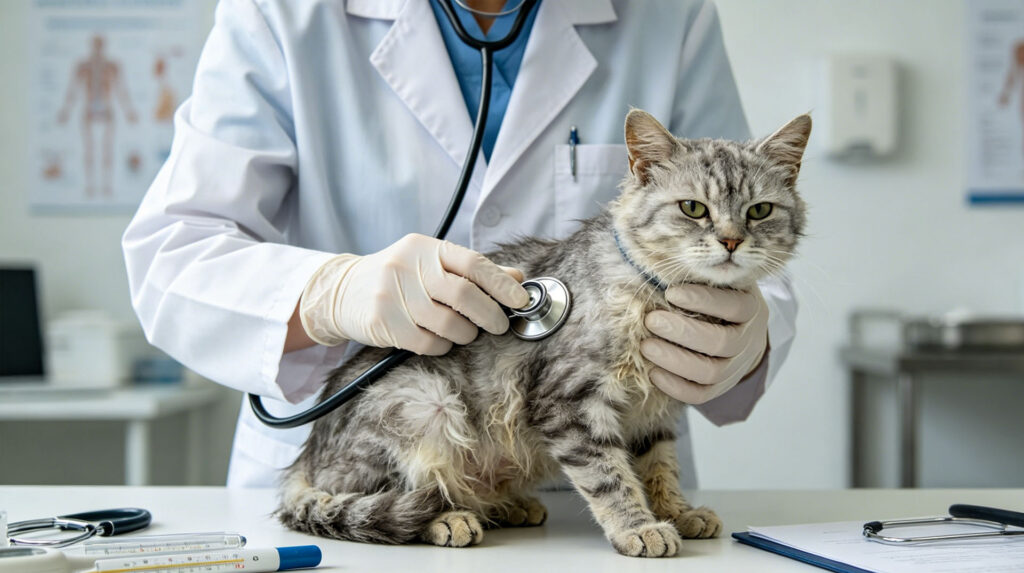 A veterinarian in a clinic setting gently performing a physical examination on an elderly tabby cat during a senior wellness check.