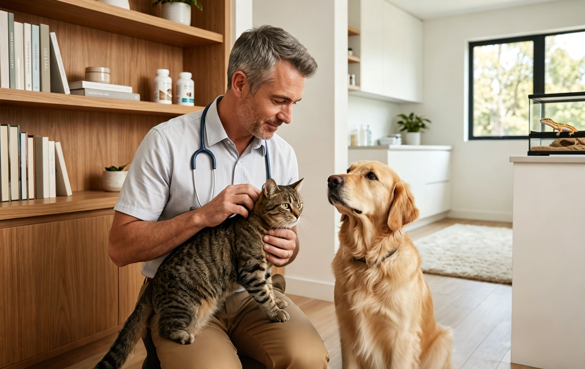 A warm and trusted professional veterinary environment at The Pets Care Hub, featuring cats and dogs.