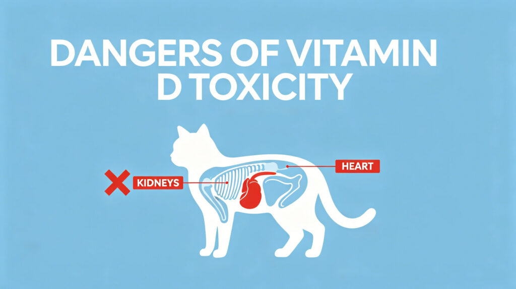 Diagram showing the effects of Vitamin D toxicity on a cat's kidneys and heart.