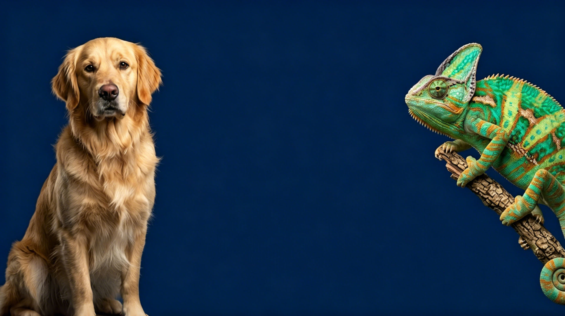 A professional studio portrait of a friendly golden retriever dog and a vibrant green chameleon on a branch, set against a solid deep navy blue background.