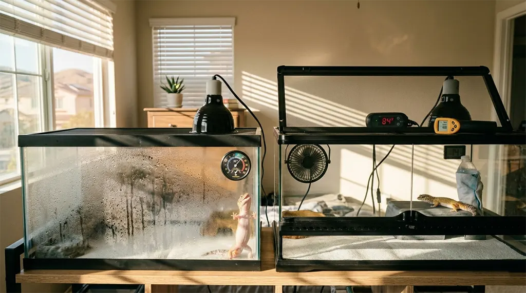 How to cool down overheated leopard gecko tank in summer, CA inland heat tank comparison