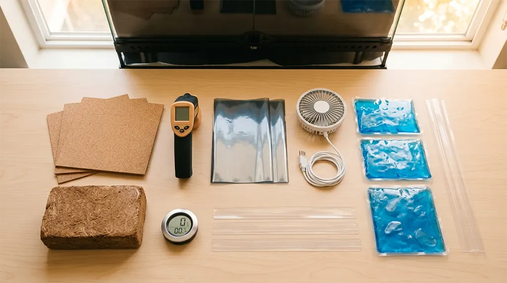 Emergency supply kit to cool down overheated leopard gecko tank in summer heat waves