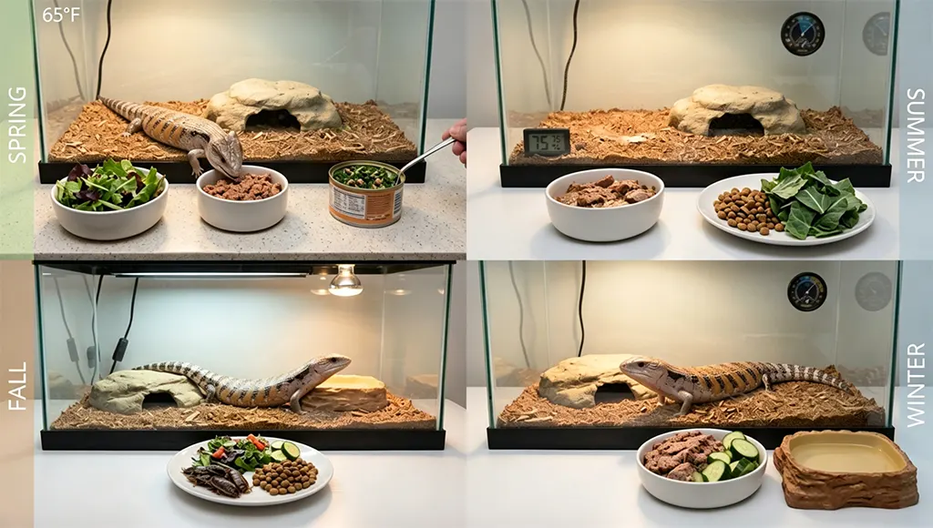 Eastern US seasonal feeding adjustments for can blue tongued skinks eat dog food diet