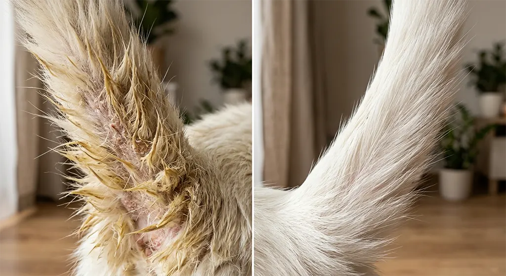 cat wet tail but not diarrhea stud tail vs healthy tail closeup