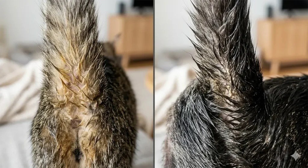 cat wet tail but not diarrhea comparison: urine stained fur vs stud tail greasy fur