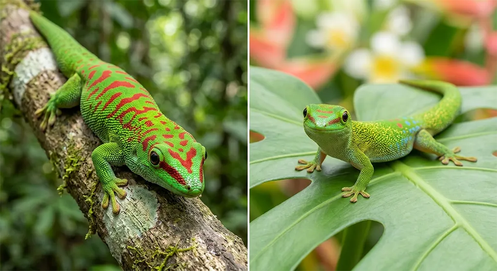 Giant Day Gecko vs Gold Dust Day Gecko side-by-side size and appearance comparison