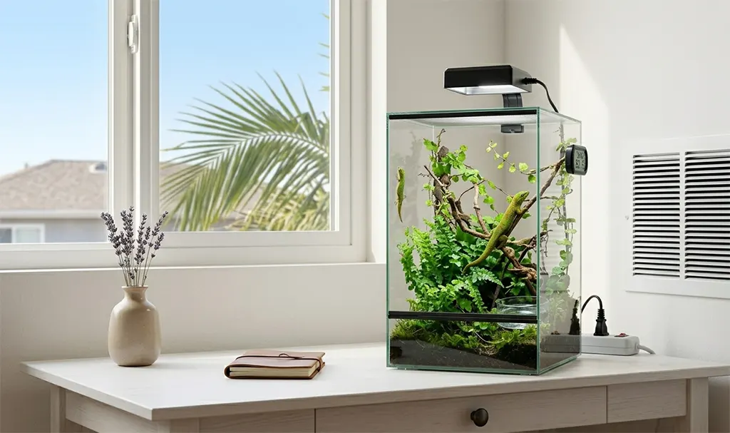 Gold Dust Day Gecko apartment setup for Southern California coastal climate