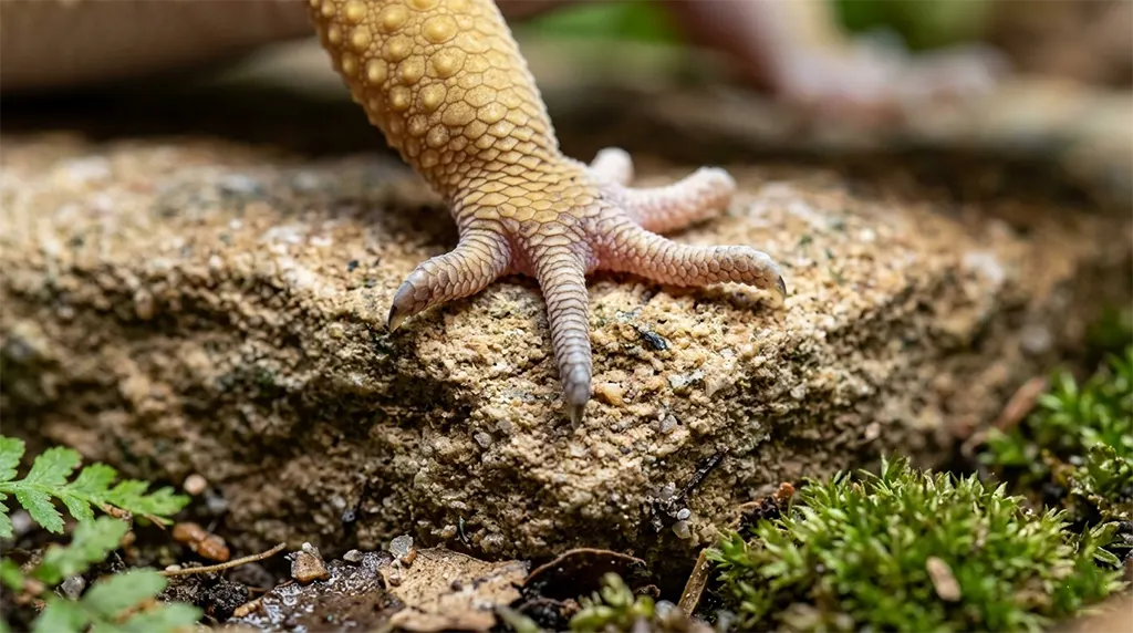 Detailed macro view of a leopard gecko foot showing healthy scales and successful shedding process