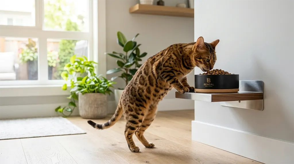 Healthy domestic cat looking at a nutrition bowl in a clean modern home environment