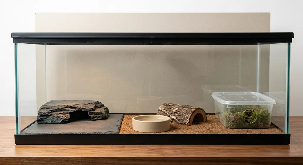 A complete 40-gallon leopard gecko enclosure setup showing a clean thermal gradient with slate hides, water dish, and digital monitoring equipment.