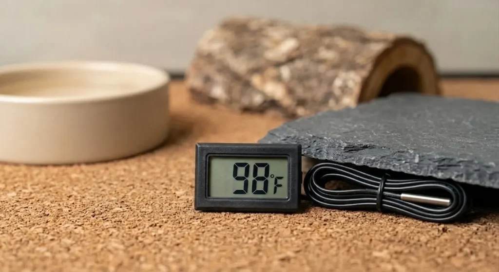 Macro shot of a digital reptile thermostat display and thermometer probe verifying the warm-side temperature for leopard gecko husbandry.
