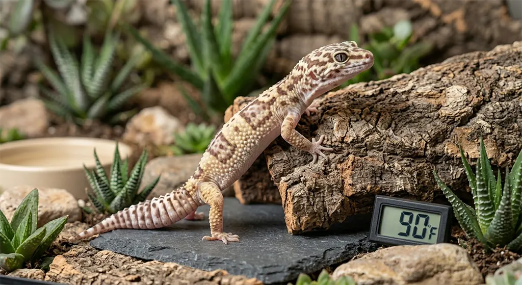 A healthy leopard gecko exploring naturalistic enrichment including cork bark and multi-level platforms in a bioactive terrarium.