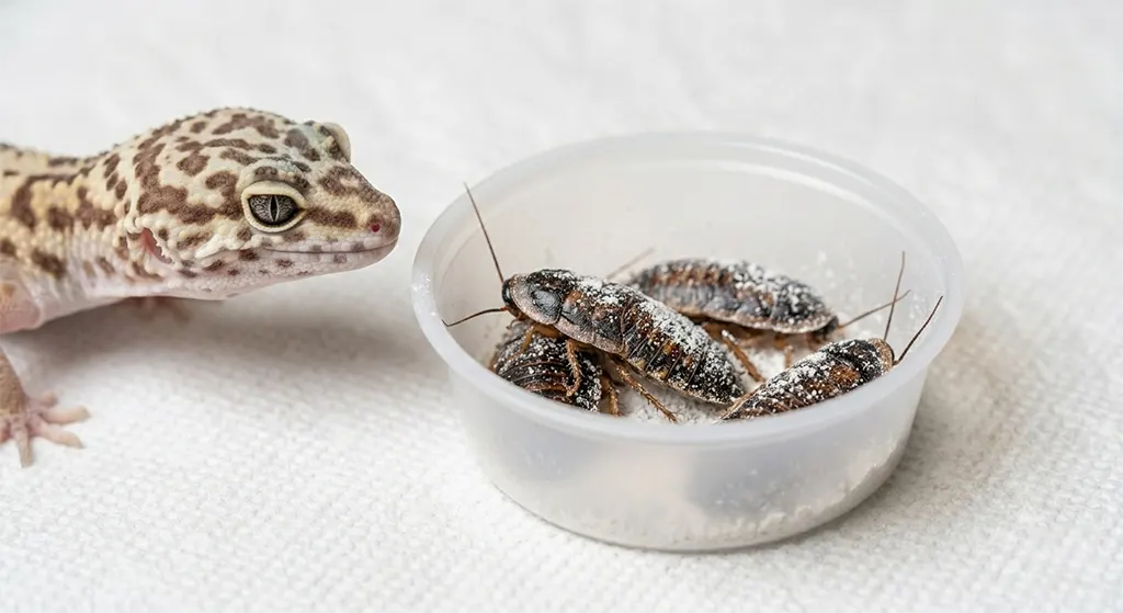 Close-up of Dubia roaches coated in calcium supplement powder in a feeding dish, prepared for leopard gecko enrichment and nutrition.