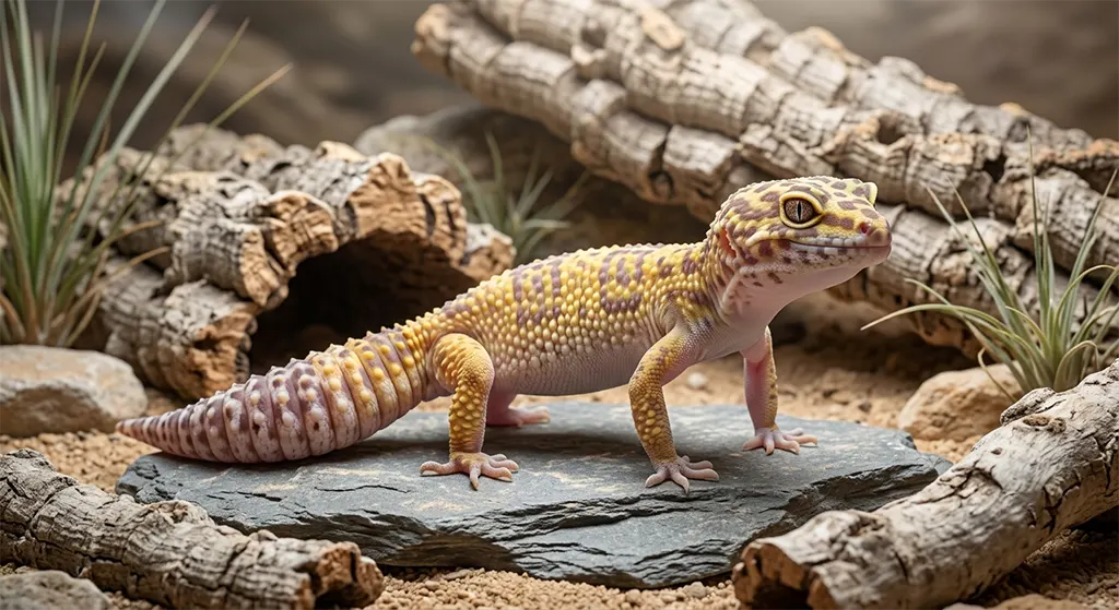 A healthy adult leopard gecko with a plump tail, representing the successful outcome of a proper leopard gecko feeding schedule.