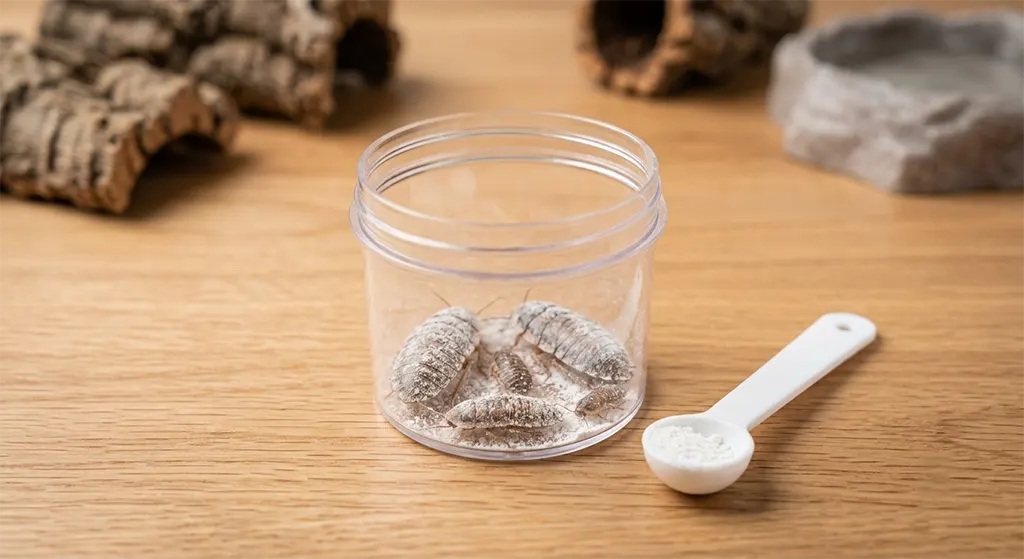 Dusting feeder insects with calcium powder: correct supplementation technique for a healthy leopard gecko feeding schedule.
