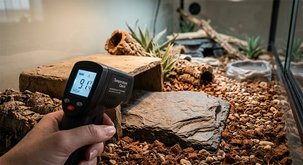 Using an infrared thermometer to verify warm side temperature for leopard gecko habitat as part of a proper feeding schedule.