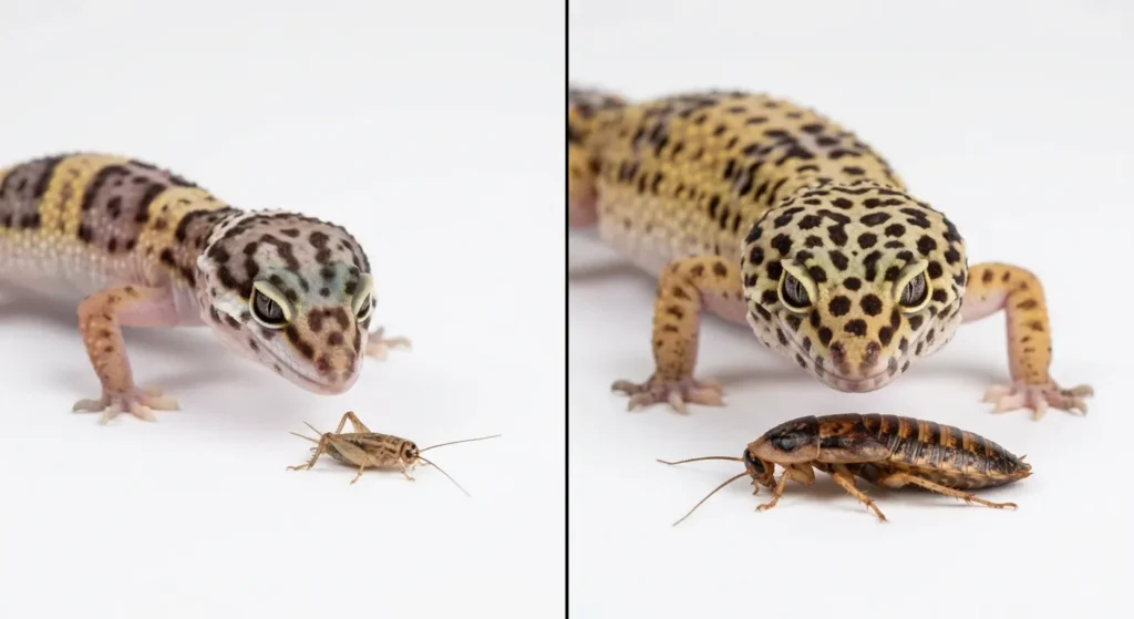 Leopard gecko feeding schedule size comparison: baby gecko with pinhead cricket vs adult gecko with Dubia roach following eye-width rule.