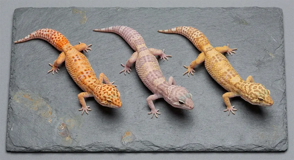 Leopard gecko morph comparison showing Tremper, Bell, and Rainwater albino color variations