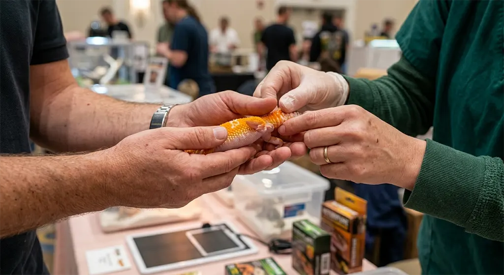 Professional hands inspecting a healthy leopard gecko for ventral health and physical condition
