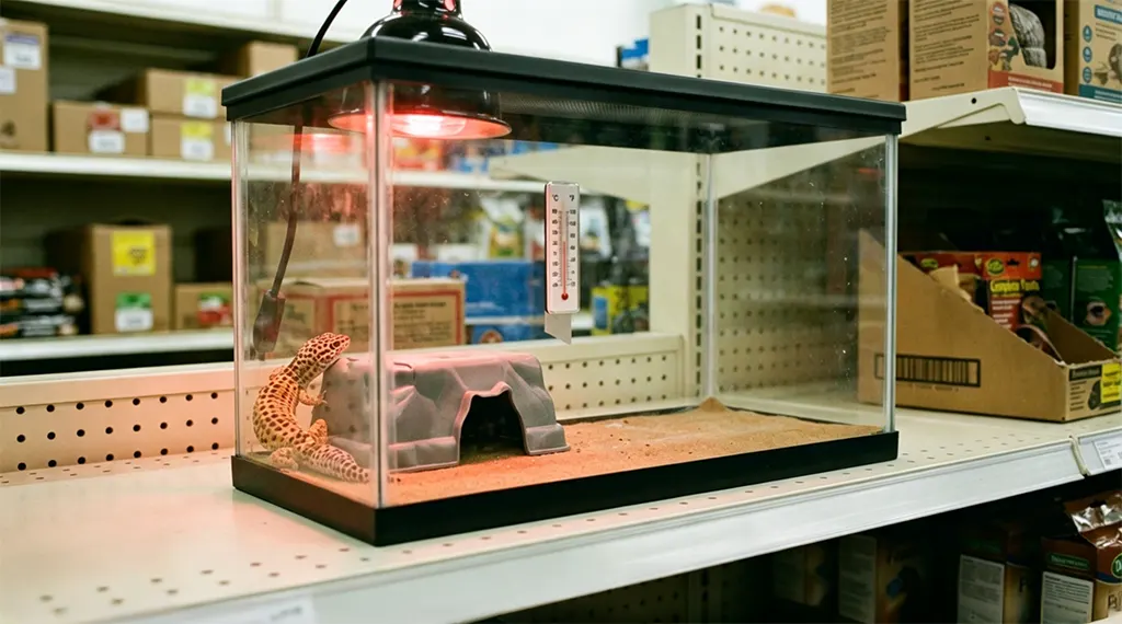 Comparison of a cramped 10-gallon leopard gecko starter kit versus a professional habitat setup.