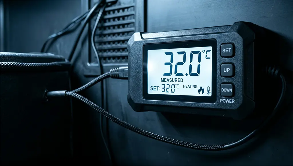 A high-precision digital thermostat used for controlling leopard gecko heating equipment to prevent thermal burns.