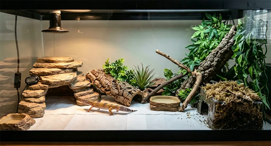 An optimized 40-gallon leopard gecko terrarium featuring two distinct hides for proper thermal gradient regulation.