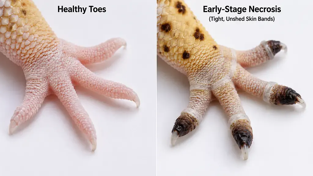 Side-by-side photo showing healthy leopard gecko toes vs damaged digits with leopard gecko stuck shed on toes and early toe necrosis
