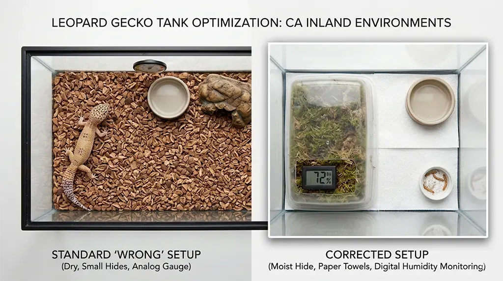 Inland CA leopard gecko tank setup to eliminate leopard gecko stuck shed on toes year-round