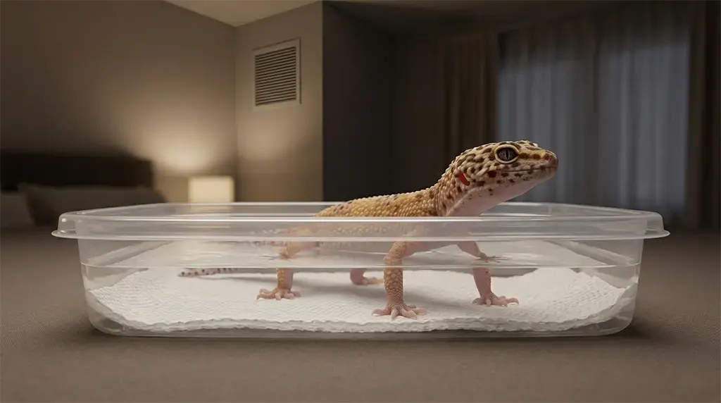 Shallow room-temperature water soak to soften leopard gecko stuck shed on toes safely