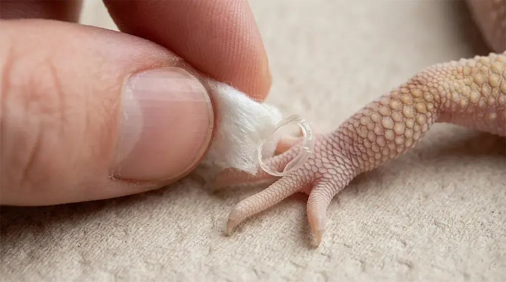 Gentle cotton rolling method to remove leopard gecko stuck shed on toes without cutting circulation