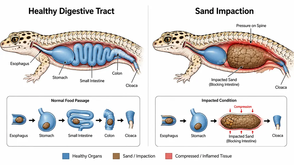 Medical diagram showing how sand substrate damages leopard gecko habitat inhabitants