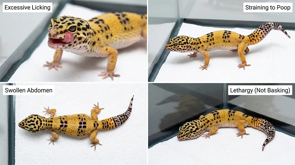 Early warning signs of sand impaction from unsafe leopard gecko habitat substrates