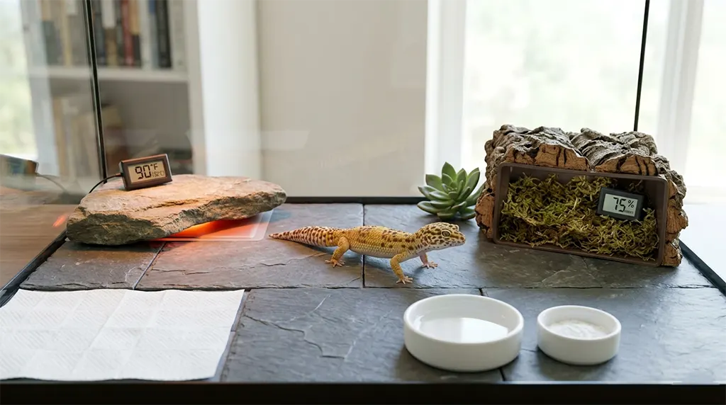Proper leopard gecko habitat setup with safe substrates to prevent impaction