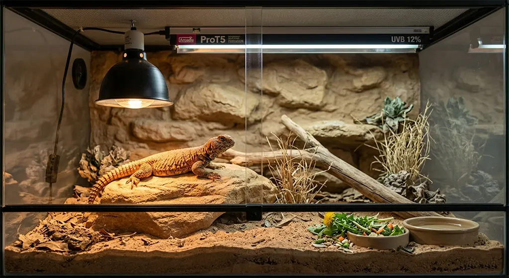 Professional Uromastyx enclosure setup with T5 UVB and basking spot for optimal husbandry