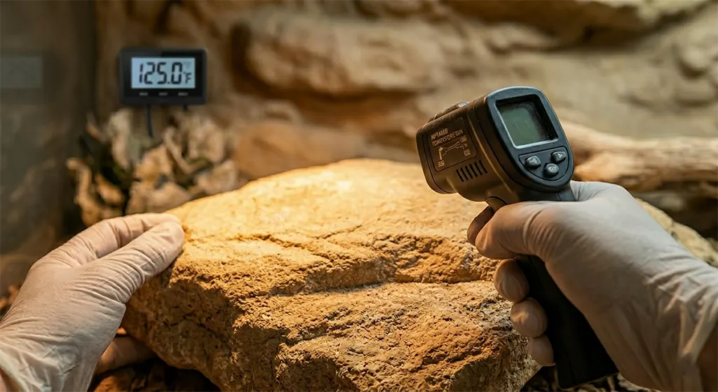 Keeper using infrared temperature gun to check Uromastyx basking rock temperature